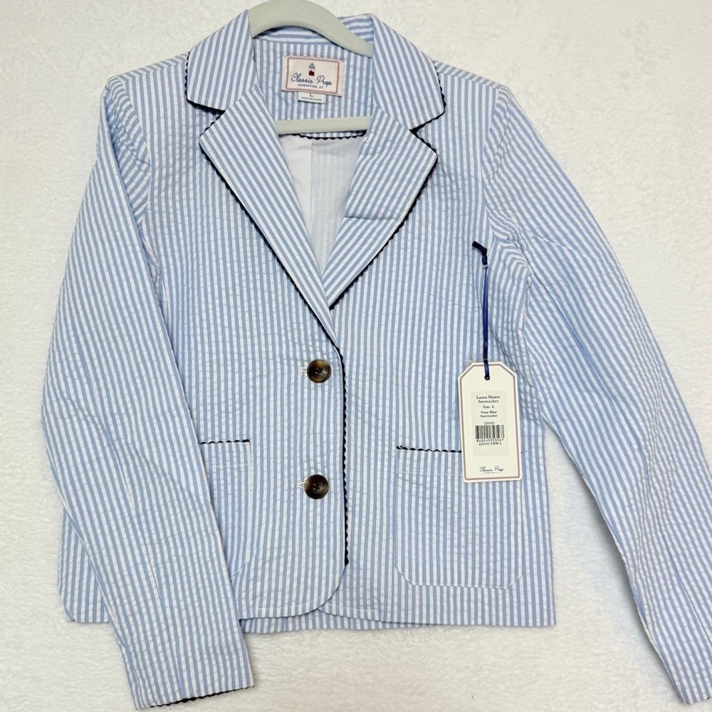 NWT Classic Prep Laura Blazer Seersucker Vista Blue Kids L 8/10 Summer Preppy